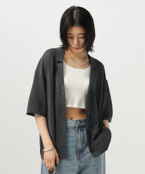 BAYFLOW（ベイフロー）の「[自宅で洗濯可]透かしパッチワークニットシャツ（ニット/セーター・レディース・オフホワイト/チャコール/ライトブルー・FREE）」の3枚目の写真