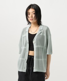 [自宅で洗濯可]透かしパッチワークニットシャツ