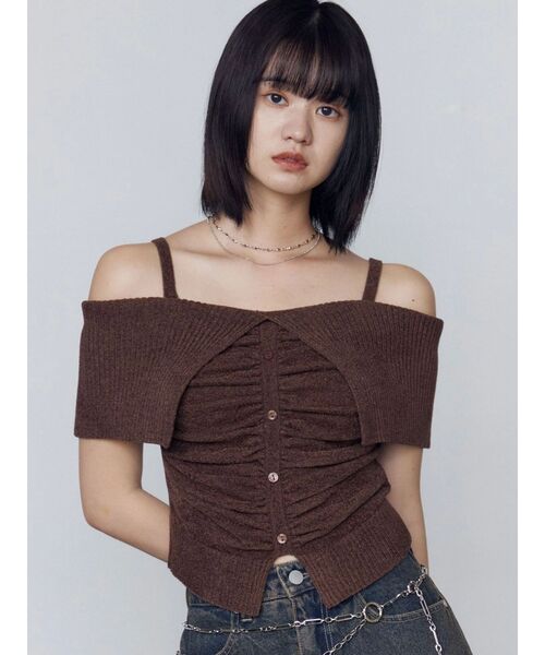 Enewd nina ストライプボタンオフショルダー ストライプ ボタン オフショルダー Tシャツ ベージュ ブラック