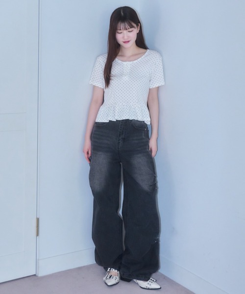 mellowneon(メロウネオン)の「フリルヘムドットTシャツ(Tシャツ/カットソー・レディース・アイボリー/ブラック/チャコールグレー・FREE)」の9枚目の写真