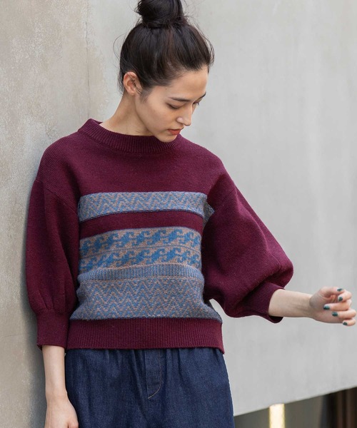 Munich（ミューニック）の「ノルディック柄ニットパフスリーブプルオーバー（ニット/セーター・レディース・チャコールグレー/アイボリー/ボルドー・FREE）」の3枚目の写真