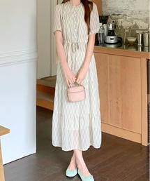 格子柄チェック半袖ヘンリーネックワンピース