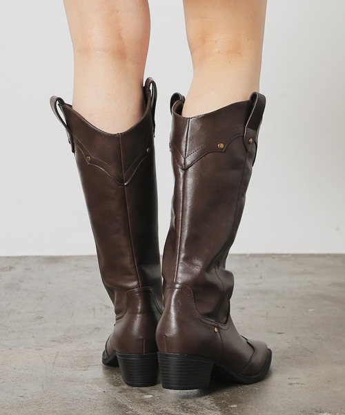 ウエスタンブーツ　ancho ブラウン メンズ ロング丈 ウエスタンブーツ リングブーツ スクエアトゥ 刺繍