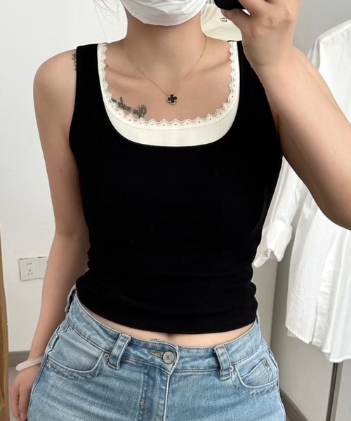 Lace Ladies(レースレディース)の「配色 レース カップ付き リブ タンクトップ(タンクトップ・レディース・ブラック/グレー/ブラウン・FREE)」の1枚目の写真