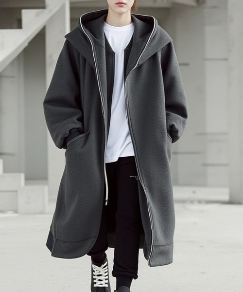 cammie（キャミー）の「ジップトリミングフードロングジャケット（パーカー・レディース・ブラック/グレー・L/M）」の2枚目の写真