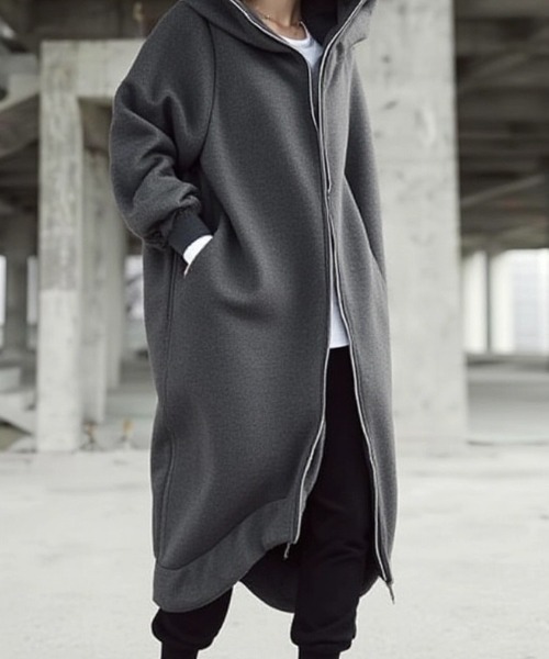 cammie（キャミー）の「ジップトリミングフードロングジャケット（パーカー・レディース・ブラック/グレー・L/M）」の4枚目の写真