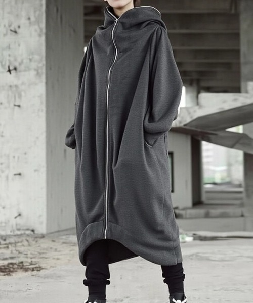 cammie（キャミー）の「ジップトリミングフードロングジャケット（パーカー・レディース・ブラック/グレー・L/M）」の3枚目の写真