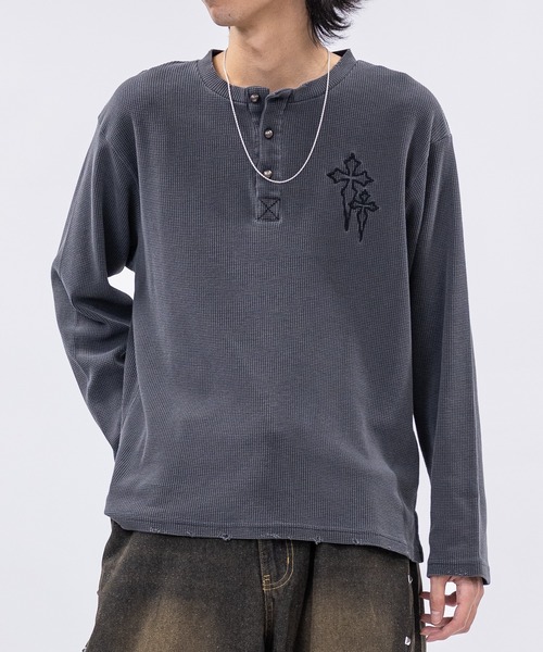 JOHN'S CLOSET(ジョンズクローゼット)の「【31】クロス刺繍 ダメージワッフル ロンT(Tシャツ/カットソー・メンズ・ブラック/グレー/チャコールグレー・MEDIUM/LARGE)」の13枚目の写真