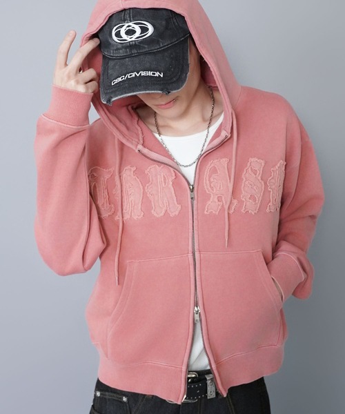 短丈ダブルジップパーカー/パッチワークロゴ/リアルツリー/ショート丈