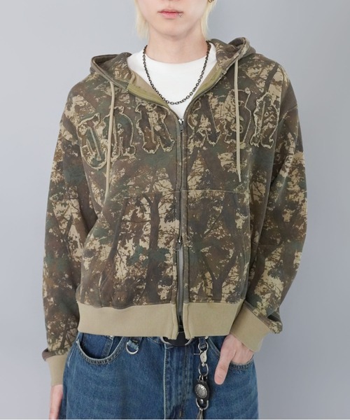 短丈ダブルジップパーカー/パッチワークロゴ/リアルツリー
