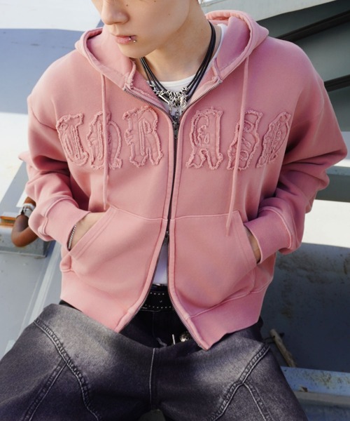 短丈ダブルジップパーカー/パッチワークロゴ/リアルツリー/ショート丈