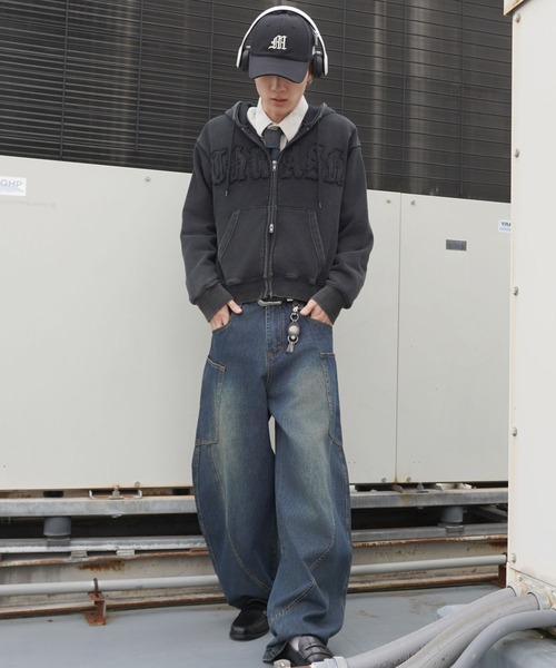 短丈ダブルジップパーカー/パッチワークロゴ/リアルツリー/ショート丈