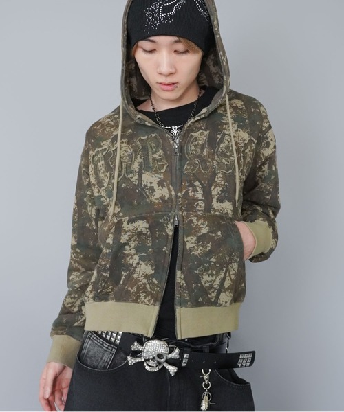 短丈ダブルジップパーカー/パッチワークロゴ/リアルツリー/ショート丈