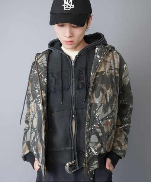 短丈ダブルジップパーカー/パッチワークロゴ/リアルツリー/ショート丈