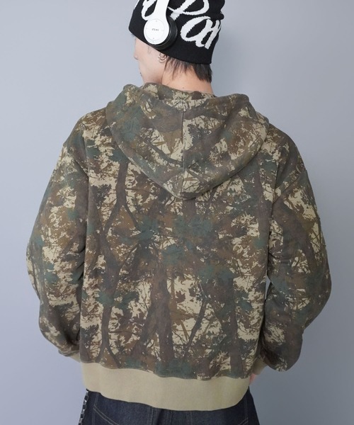 短丈ダブルジップパーカー/パッチワークロゴ/リアルツリー/ショート丈