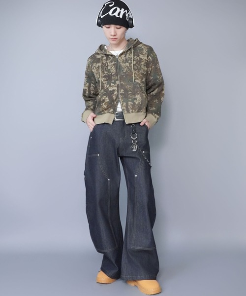 短丈ダブルジップパーカー/パッチワークロゴ/リアルツリー/ショート丈