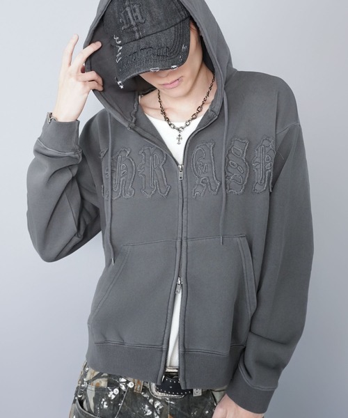 短丈ダブルジップパーカー/パッチワークロゴ/リアルツリー/ショート丈