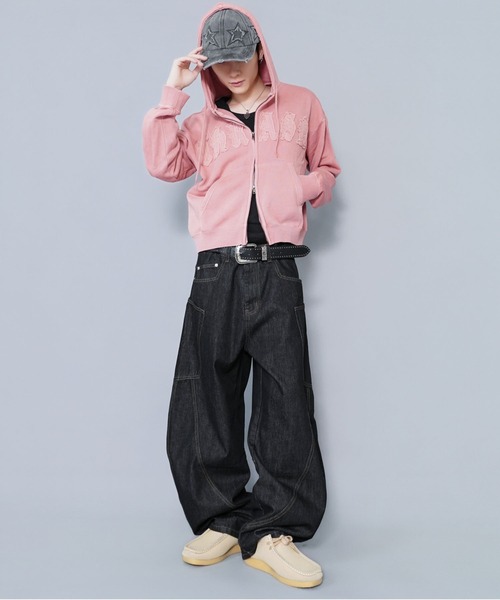 スカジャン ダブルジップ 短丈 短丈ダブルジップパーカー/パッチワークロゴ/リアルツリー/ショート丈