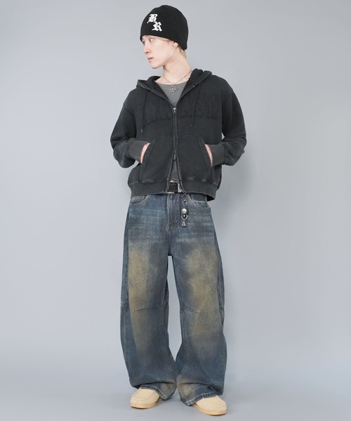 blackmeans パッチワーク パーカー SPINNS パーカー 短丈ダブルジップパーカー/パッチワークロゴ