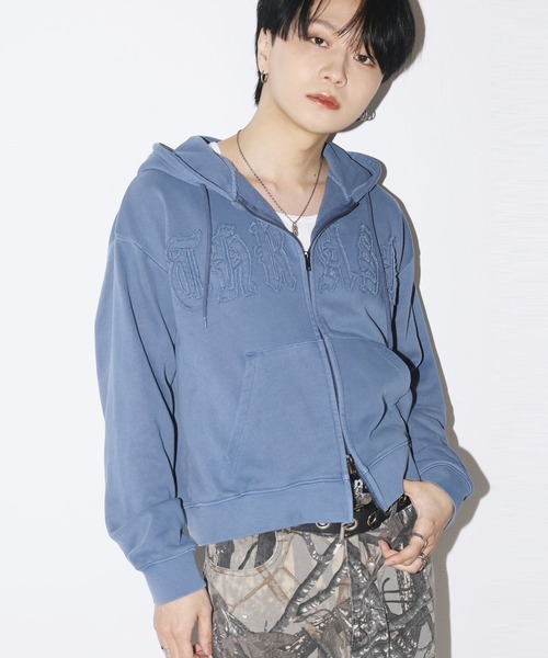 短丈ダブルジップパーカー/パッチワークロゴ/リアルツリー/ショート丈