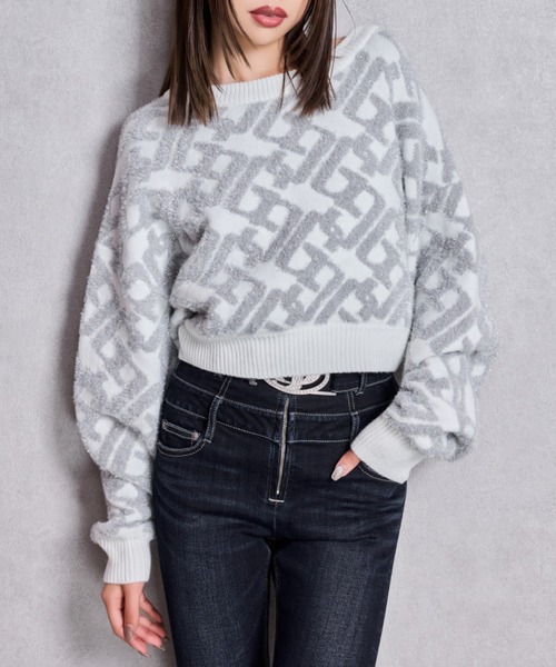 GYDA（ジェイダ）の「GGチェーンロゴラメニットトップス（ニット/セーター・レディース・ピンク/オフホワイト/ブラック・FREE）」の2枚目の写真