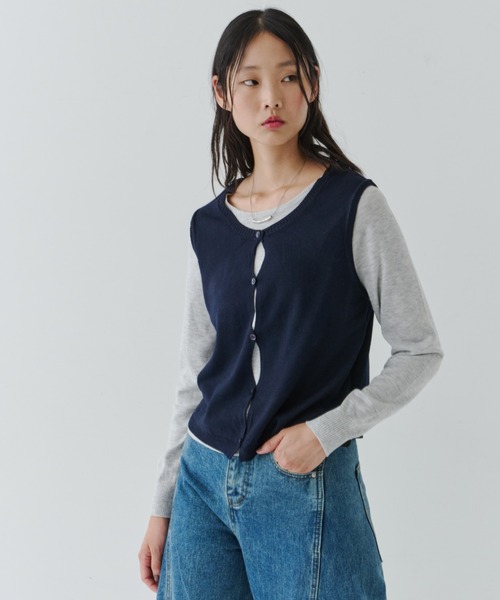 当日発送　S button layered knit tops Layered Button Knit TOP / レイヤードボタンニットトップス（Tシャツ