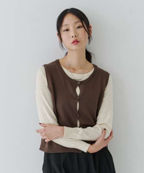 Layered Button Knit TOP / レイヤードボタンニットトップス（Tシャツ