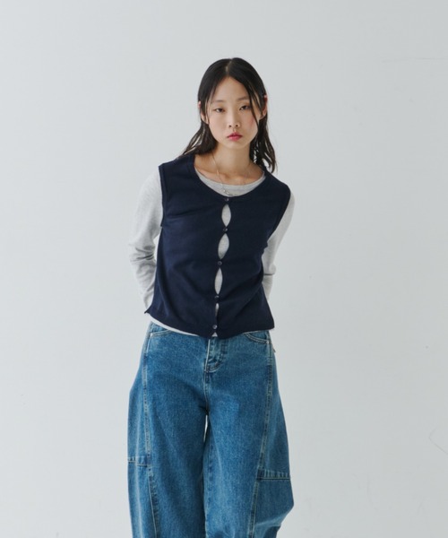 Layered Button Knit TOP / レイヤードボタンニットトップス（Tシャツ