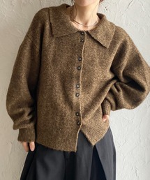 長袖ボリュームスリーブ襟付きボタンポロニットカーディガン