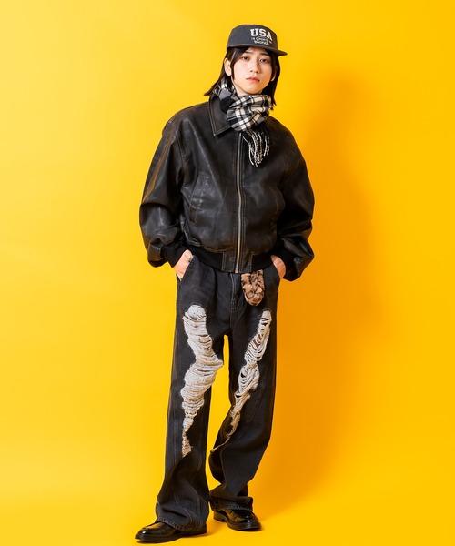 a.p.o.v.(エーピーオービー)の「a.p.o.v. スーパーダメージ立体裁断ワイドデニムパンツ(デニムパンツ・メンズ・ネイビー/ブラック・ONESIZE)」の5枚目の写真