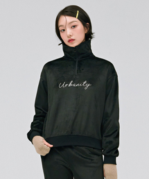 女性起毛半ジップスウェットTシャツ-ブラック