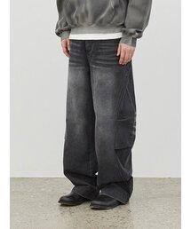 カーブドツーピンタックサイドデニムパンツ(ブラック)