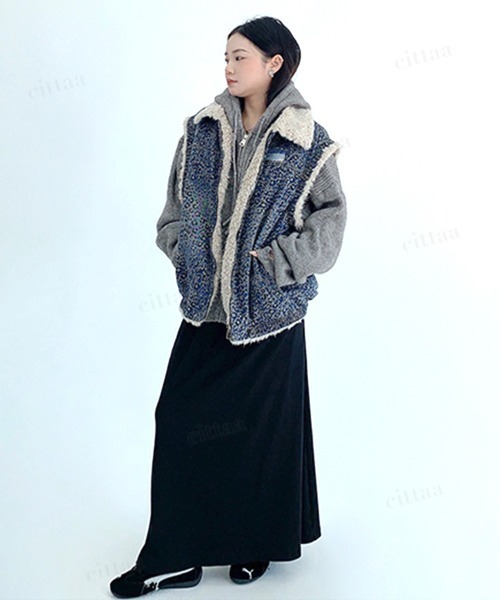 Dalfwin(ダールフィン)の「韓国ファッション TAELEPLUSバックロゴ裏地ボアレオパード柄デニムベスト(その他アウター・レディース・ブルー・FREE)」の11枚目の写真