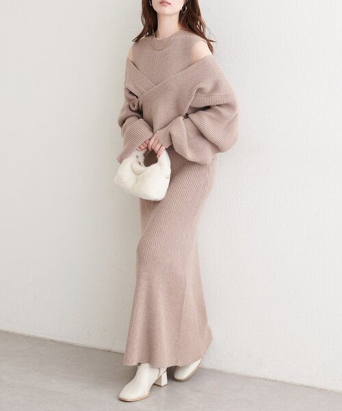 natural couture(ナチュラルクチュール)の「前後2WAYクロスリボンニット×ワンピースSET(ワンピース・レディース・ベージュ/ボルドー/チャコールグレー/アイボリー・MEDIUM/LARGE)」の3枚目の写真