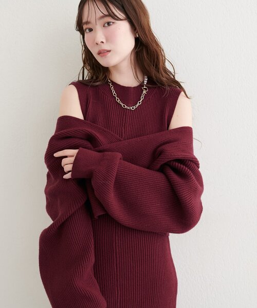 natural couture(ナチュラルクチュール)の「前後2WAYクロスリボンニット×ワンピースSET(ワンピース・レディース・ベージュ/ボルドー/チャコールグレー/アイボリー・MEDIUM/LARGE)」の11枚目の写真