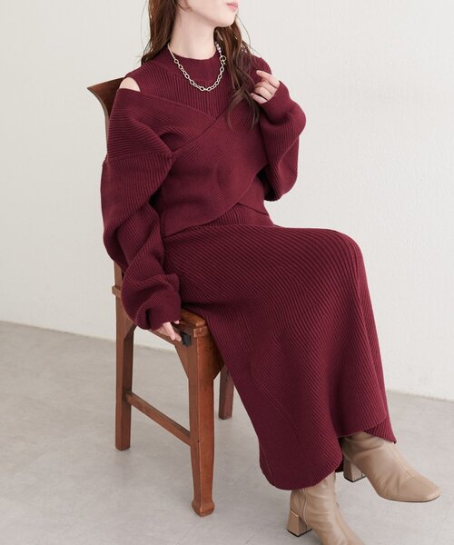 natural couture(ナチュラルクチュール)の「前後2WAYクロスリボンニット×ワンピースSET(ワンピース・レディース・ベージュ/ボルドー/チャコールグレー/アイボリー・MEDIUM/LARGE)」の13枚目の写真