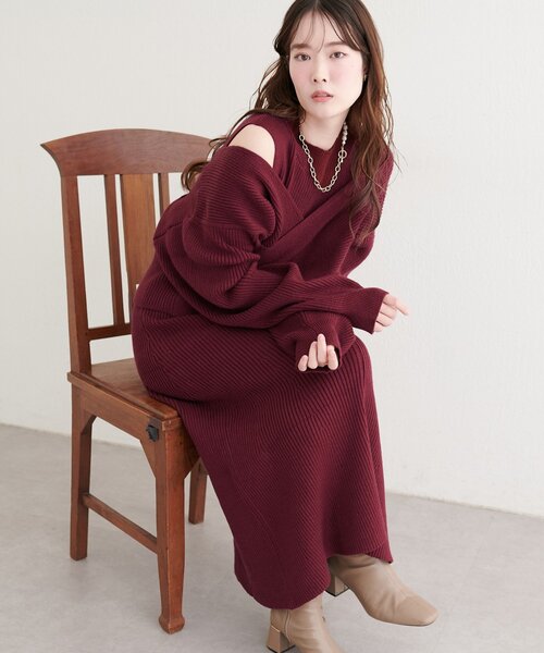 natural couture(ナチュラルクチュール)の「前後2WAYクロスリボンニット×ワンピースSET(ワンピース・レディース・ベージュ/ボルドー/チャコールグレー/アイボリー・MEDIUM/LARGE)」の14枚目の写真