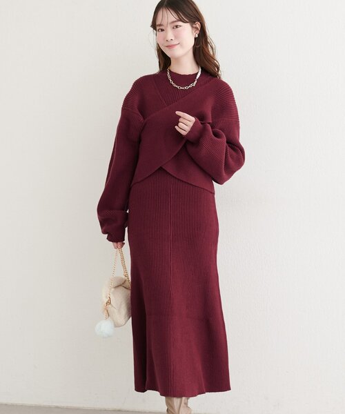 natural couture(ナチュラルクチュール)の「前後2WAYクロスリボンニット×ワンピースSET(ワンピース・レディース・ベージュ/ボルドー/チャコールグレー/アイボリー・MEDIUM/LARGE)」の15枚目の写真