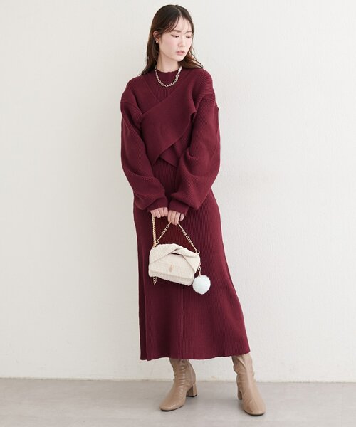 natural couture(ナチュラルクチュール)の「前後2WAYクロスリボンニット×ワンピースSET(ワンピース・レディース・ベージュ/ボルドー/チャコールグレー/アイボリー・MEDIUM/LARGE)」の17枚目の写真