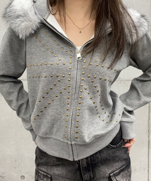 セール】フードファー付ユニオンジャックスタッズジップパーカー