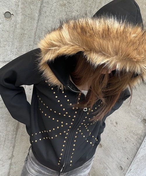 セール】フードファー付ユニオンジャックスタッズジップパーカー