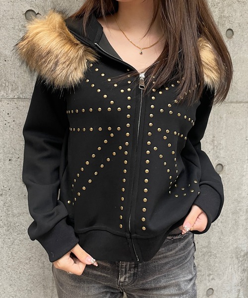 セール】フードファー付ユニオンジャックスタッズジップパーカー