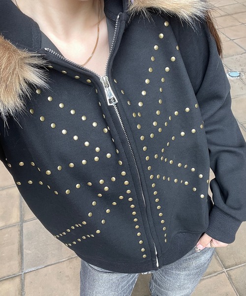 セール】フードファー付ユニオンジャックスタッズジップパーカー