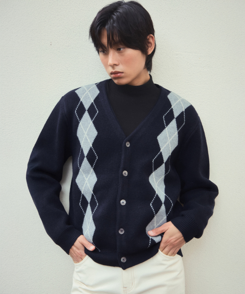 Classic argyle V‑neck knit cardigan NAVY (WC25‑KN64)
