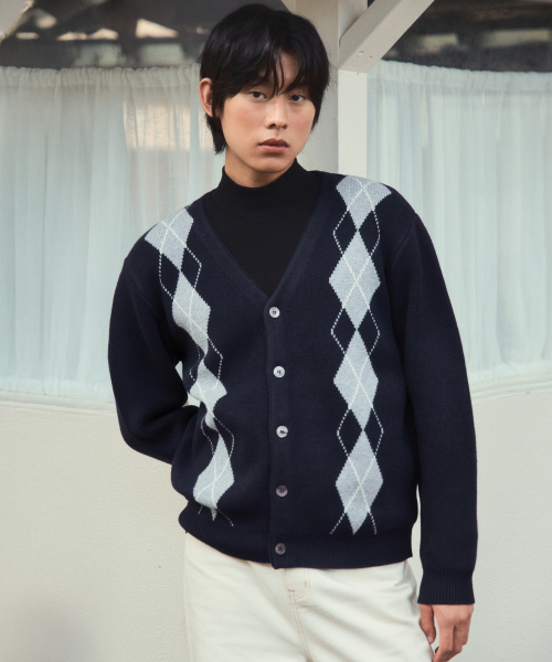 WEDNESDAY OASIS(ウェンズデーオアシス)の「クラシックアーガイルVネックニットカーディガン_NAVY(WC25-KN64)(カーディガン/ボレロ・メンズ・ネイビー・MEDIUM/LARGE)」の2枚目の写真