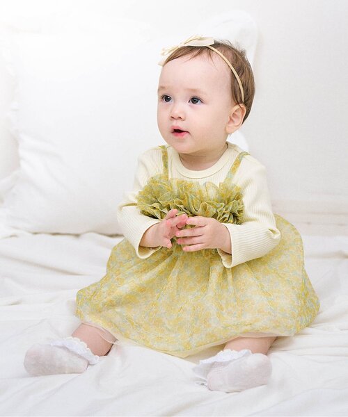 apres les cours（アプレレクール）の「花柄ボリュームチュールカバーオール（ロンパース・キッズ・イエロー/ピンク・70/80）」の3枚目の写真