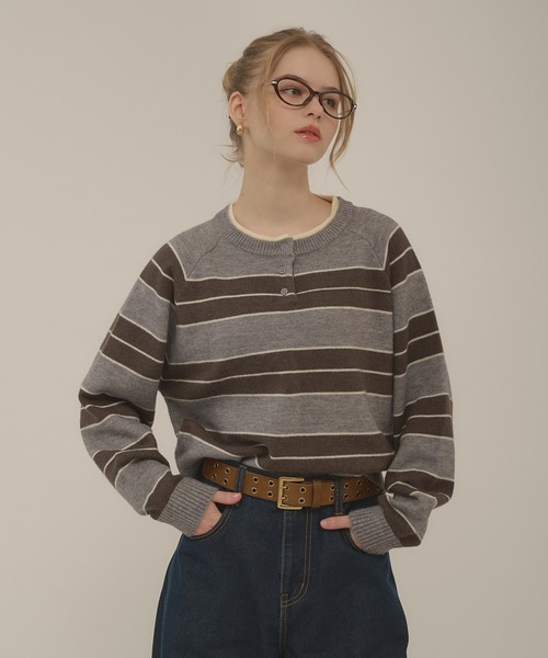 hazyl（ヘイジル）の「henryneck border knit / ヘンリーネックボーダーニット（ニット/セーター・レディース・グレー/グレー系その他・フリー）」の6枚目の写真