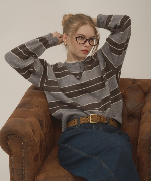 henryneck border knit / ヘンリーネックボーダーニット（ニット