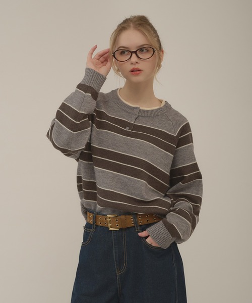 hazyl（ヘイジル）の「henryneck border knit / ヘンリーネックボーダーニット（ニット/セーター・レディース・グレー/グレー系その他・フリー）」の3枚目の写真