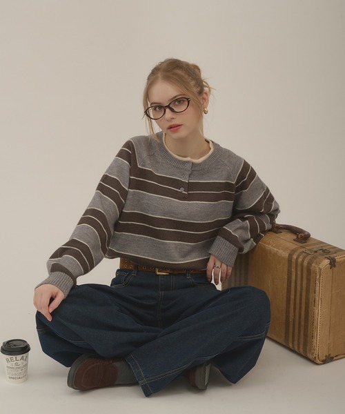 hazyl（ヘイジル）の「henryneck border knit / ヘンリーネックボーダーニット（ニット/セーター・レディース・グレー/グレー系その他・フリー）」の13枚目の写真